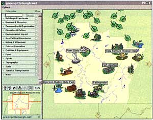 
Some green map projects have developed print versions of their maps, while others, like Pittsburgh's map in this image, are entirely web-based, letting the user zoom in on features of interest, or allowing frequent updates of the map with new information.
